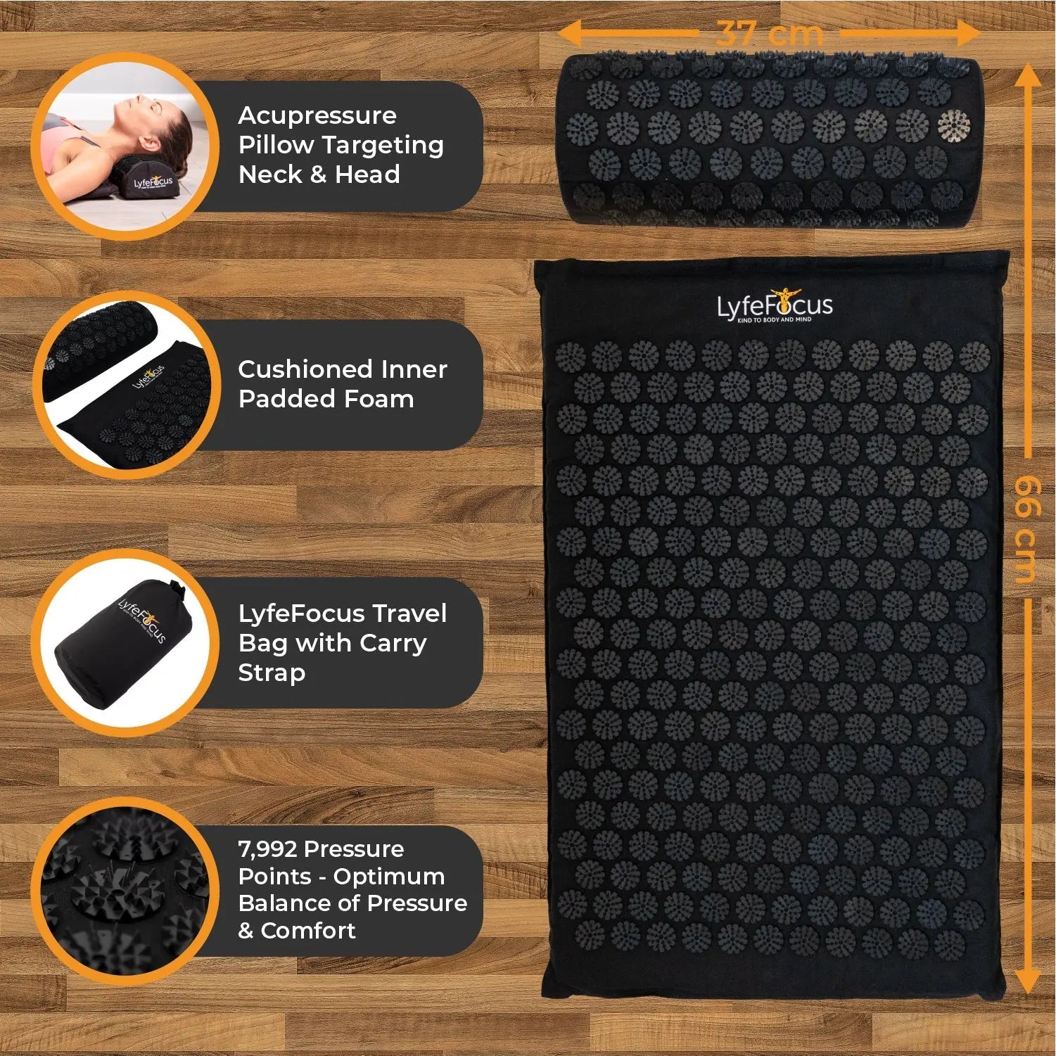 Acupressure Mat & Pillow (Black) LyfeFocus